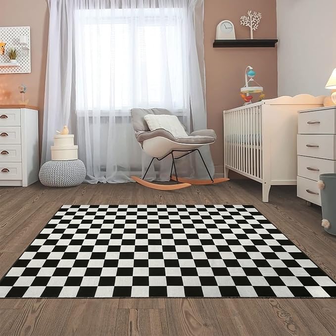 Seavish Checkered Rug, 5x6.5 Ft Black and White Outdoor Rug Moroccan Checkerboard Mat Washable Runner Rug Cotton Woven for Hallway Front Door Bedroom Entryway Kitchen Floor Reversible Area Rugs
