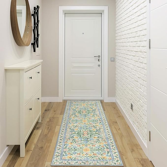 Morebes Washable Kitchen Runner Rug 2x6, Green Boho Floral Hallway Rug Runner Non Slip,Vintage Flower Soft Ultra-Thin Indoor Throw Carpet for Entryway Bathroom Laundry Room