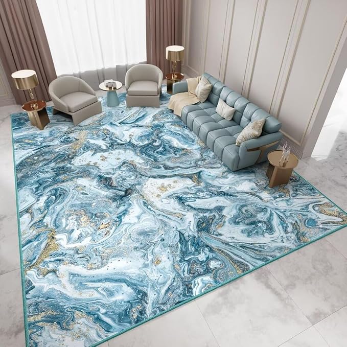 Washable Area Rug 9x12 - Artistic Style Modern Rug for Living Room Bedroom Dining Room, Soft Low Pile Machine Washable Carpet, Non Slip Non Shedding Area Rug - Blue/Gold, 9'x12'