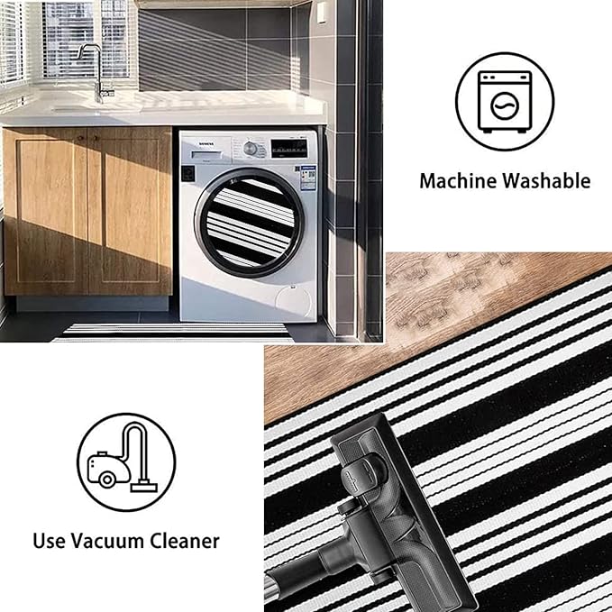BUAGETUP Black and White Outdoor Rug 3'x 5' Hand-Woven Cotton Washable Rug Striped Front Porch Rug Machine Washable Indoor/Outdoor Area Rug Floor Mat for Farmhouse/Layered Door Mats/Living Room