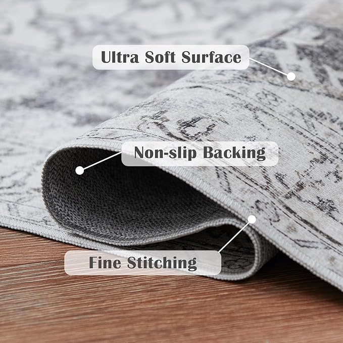 jinchan Runner Rug 2x5 Hallway Rug Kitchen Washable Runner Vintage Mat Retro Print Lightweight Non-Slip Accent Floor Cover Distressed Thin Carpet for Entryway Bathroom Bedroom Laundry Room Grey