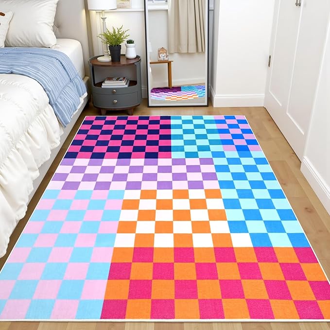 Terrug Multicolored Checkered Rug for Living Room Bedroom, 4x6 Soft Washable Area Rug with Non Slip, Low Pile Stain Resistance Carpet for Kids Room Entryway Kitchen Dorm