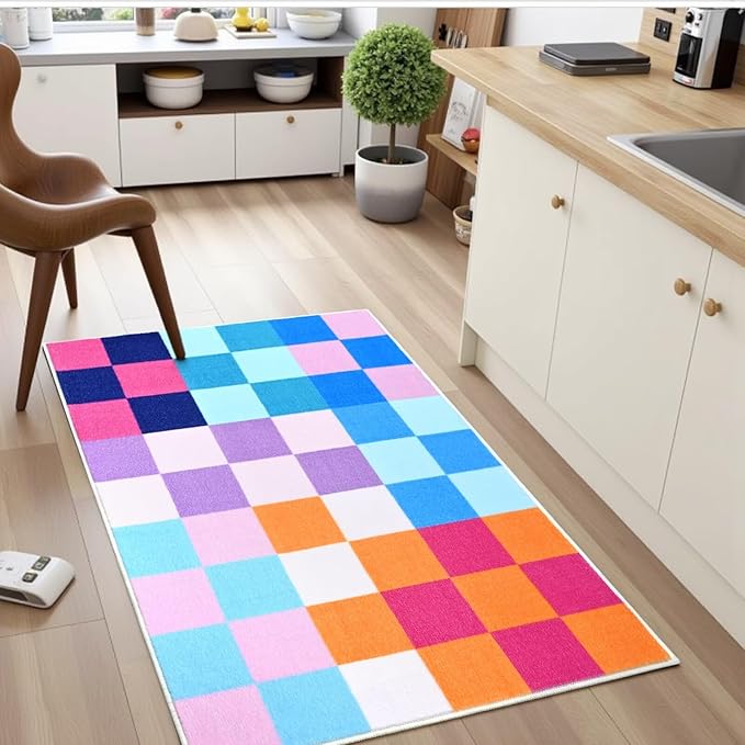 Terrug Multicolored Small Checkered Rug for Bedroom, 2x3 Soft Washable Rug with Non Slip Backing, Low Pile Throw Carpet for Entryway Hallway Kitchen Laundry Room