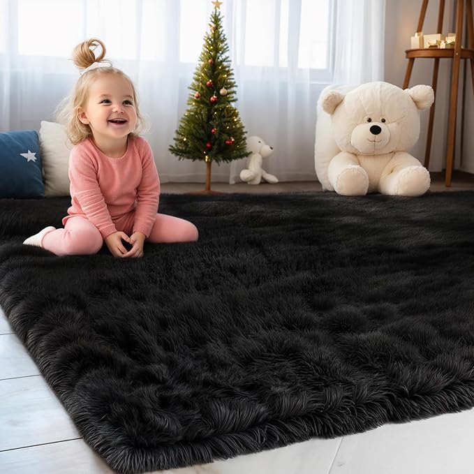 Zentavio Black Area Rugs for Living Room Bedroom 6x9 Large Men Room Carpet Fluffy Furry Shag Aesthetic Plush High Pile Floor Rug for Nursery Kids Room Dorm Home Decor