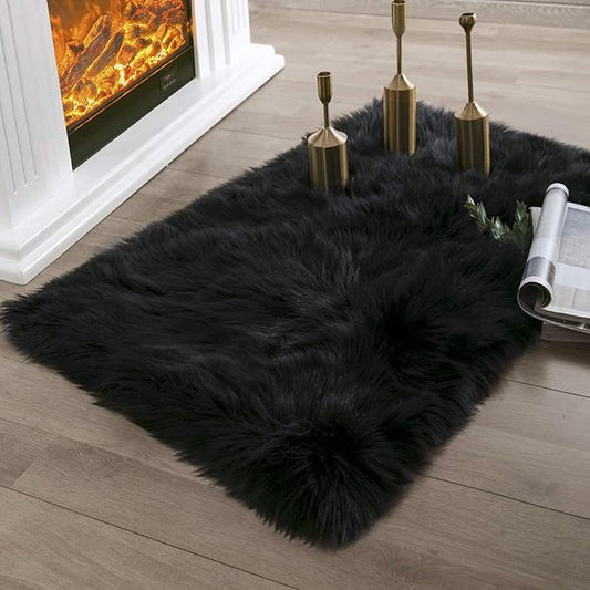 Ashler Faux Fur Rug, Fluffy Shaggy Area Rug Ultra Soft 2 x 2.9 Feet Rectangle Fur Rug Black Fuzzy Rug Machine Washable Shag Rug, Nursery Decor Throw Rugs for Bedroom, Kids Room, Living Room