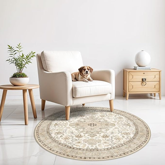 Round Rug 4Ft Washable for Bedroom: 4X4 Area Rugs Circle for Entryway Super Soft Distressed Oriental Rug with Non-Slip Backing Farmhouse Rug Low Pile Thin Stain Resistant Indoor Carpet 4' Round Ivory