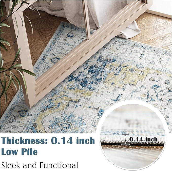 jinchan Runner Rug 2x5 Hallway Rug Kitchen Washable Runner Vintage Mat Retro Print Lightweight Non-Slip Accent Floor Cover Distressed Thin Carpet for Entryway Bathroom Bedroom Laundry Room Light Blue