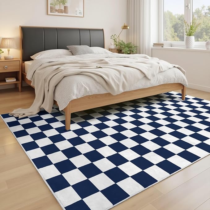 Terrug Navy and White Checkered Rug for Living Room Bedroom, 6x9 Soft Washable Area Rug with Non Slip, Low Pile Stain Resistance Carpet for Kids Room Entryway Kitchen Dorm