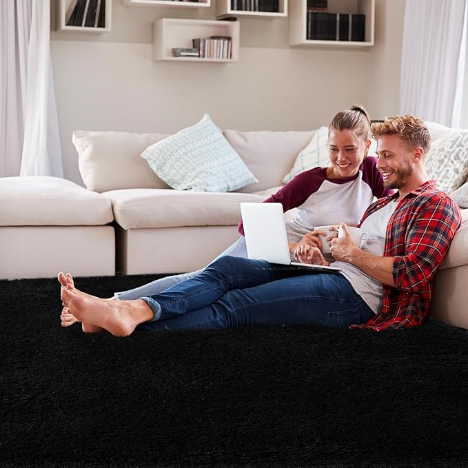 CAIYUECS Area Rug 7x10: Black Modern Indoor Soft Shaggy Fuzzy Floor Carpet for Living Room