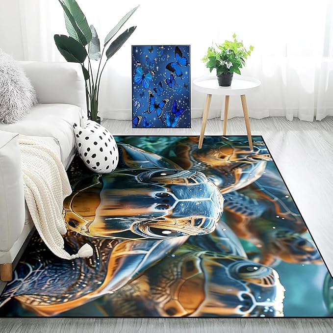 Sea Turtle Carpet Rug - Kids Coastal Rugs for Bedroom Ocean Life Theme, 47" L x 39" W