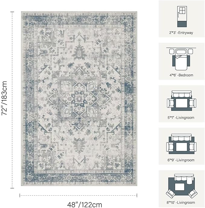 4x6 Washable Area Rug for Living Room, Neutral Vintage Boho Rugs for Office, Dining Room, Kids Room, Farmhouse, Durable Low Pile Non Slip Carpet for High Traffic Areas, Light Blue Grey