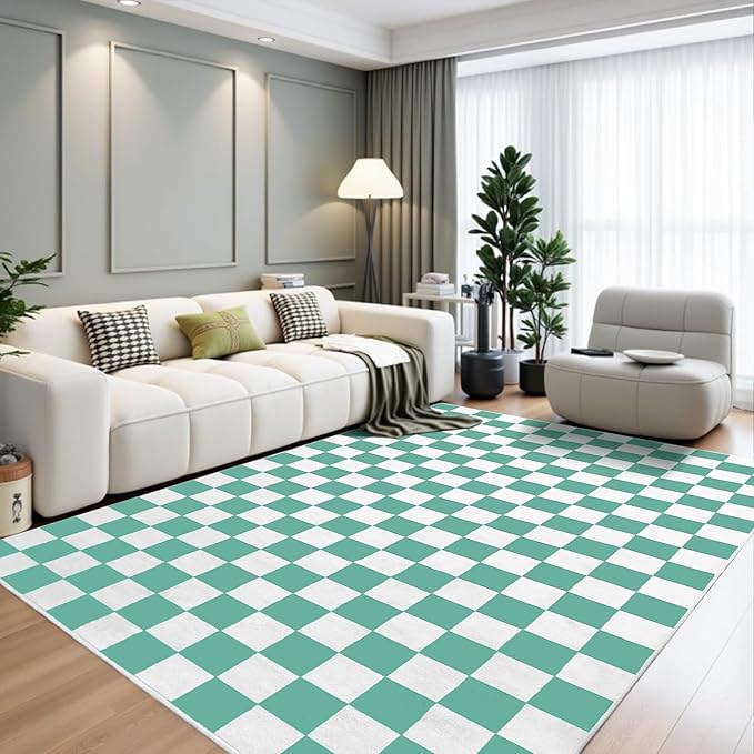 Terrug Green and White Checkered Rug for Living Room Bedroom, 5x7 Soft Washable Area Rug with Non Slip, Low Pile Stain Resistance Carpet for Kids Room Entryway Kitchen Dorm
