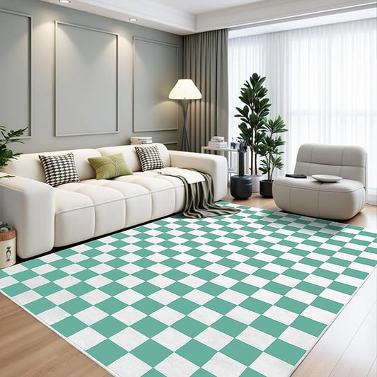 Terrug Green and White Checkered Rug for Living Room Bedroom, 5x7 Soft Washable Area Rug with Non Slip, Low Pile Stain Resistance Carpet for Kids Room Entryway Kitchen Dorm