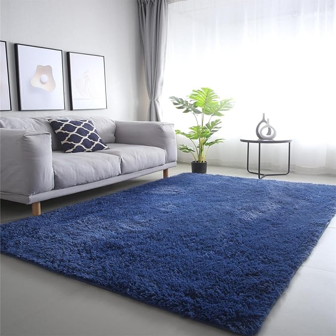 CAIYUECS Shag Area Rug,Indoor Ultra Soft Plush Rugs for Bedroom Living Room, Non-Skid Modern Nursery Faux Fur Rugs for Kids Room Home Decor (4x6 Feet, Navy Blue)
