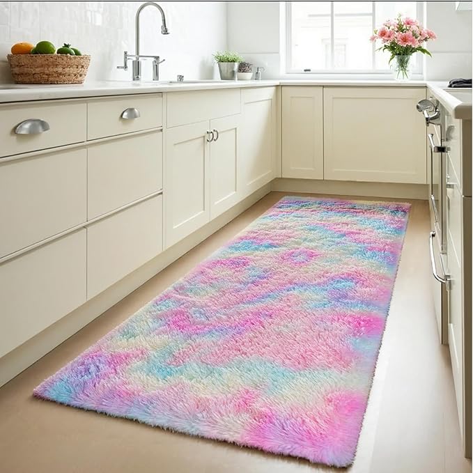 Zentavio Bedside Rugs for Girls Room 2x6 Runner Rugs for Hallway Bedroom Non Slip Fluffy Soft Shaggy Carpet for Kids Home Decor Aesthetic Dorm Nursery Rainbow