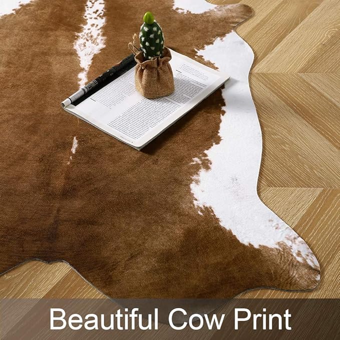 AROGAN 8x10 Faux Cowhide Area Rugs for Living Room, Animal Skins Cow Hide Rug for Bedroom, Cool Western Christmas Decor, Thin Leather Cow Hide Carpets Fireplace Rug, Brown
