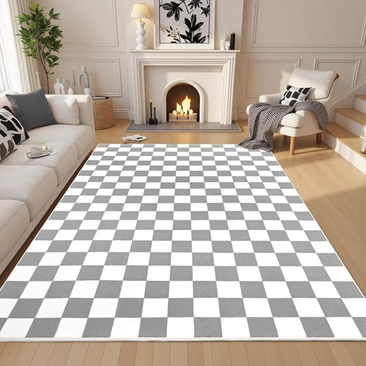 Terrug Grey and White Checkered Rug for Living Room Bedroom, 8x10 Soft Washable Area Rug with Non Slip, Low Pile Stain Resistance Carpet for Kids Room Entryway Kitchen Dorm