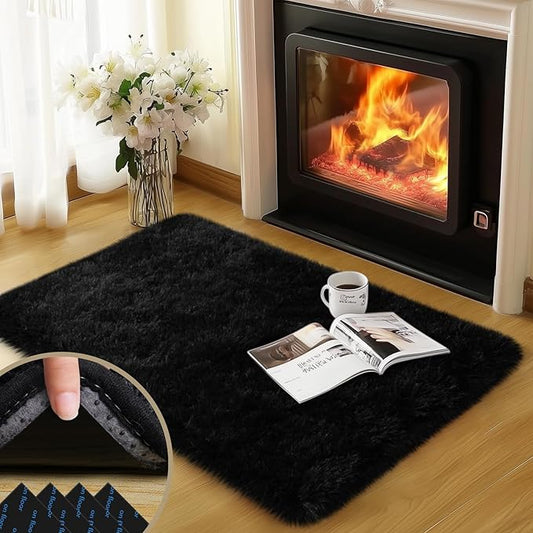 Black Rug for Bedroom, 2x3 Fluffy Area Rugs for Living Room, Small Soft Shag Fuzzy Shaggy Carpets for Kids Boys and Girls Dorm with 4 Non-Slip Rug Tapes for Room Home Decor (2ft x 3ft, Black)