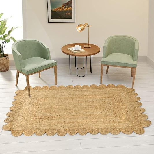 GRUHUM Scalloped Jute Area Rug 4'x6' ft Natural Fibre Rectangular Handwoven Boho Reversible Farmhouse Soft Braided Rustic Vintage Rug Indoor EcoFriendly Livingroom Bedroom Kitchen Hallways Enterways