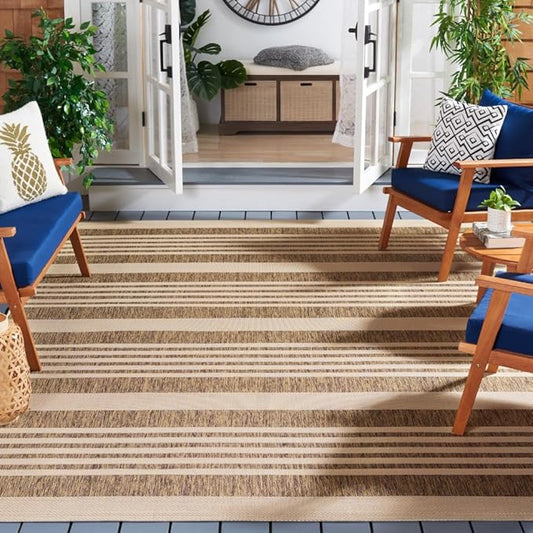 SAFAVIEH Courtyard Collection 8' x 11' Brown/Bone CY6062 Stripe Indoor/ Outdoor Waterproof Easy Cleaning Patio Backyard Area Rug