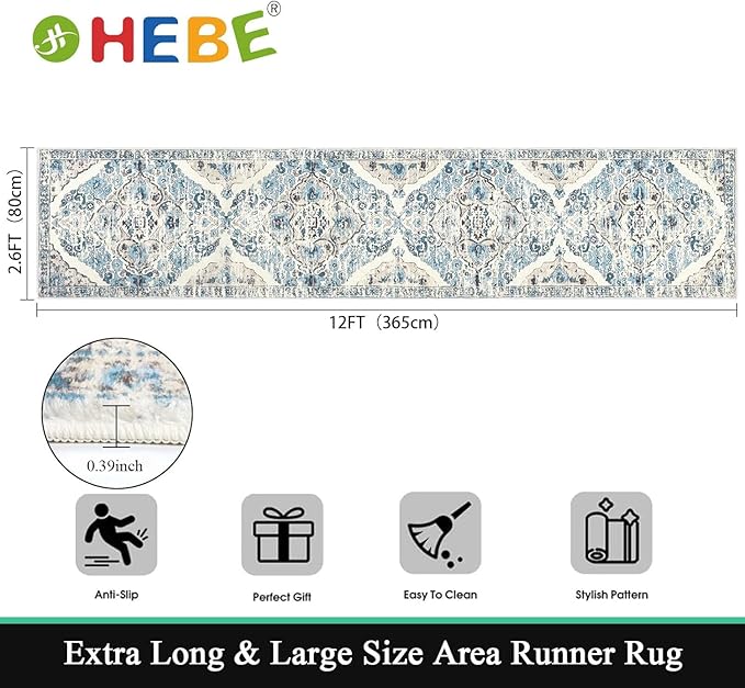 HEBE Hallway Runner Rug 2'8''x12' Washable Vintage Distressed Area Rugs Non Slip Laundry Rug Runner Boho Floor Carpet Runners for Hallways Entryway Laundry Room Kitchen Bathroom