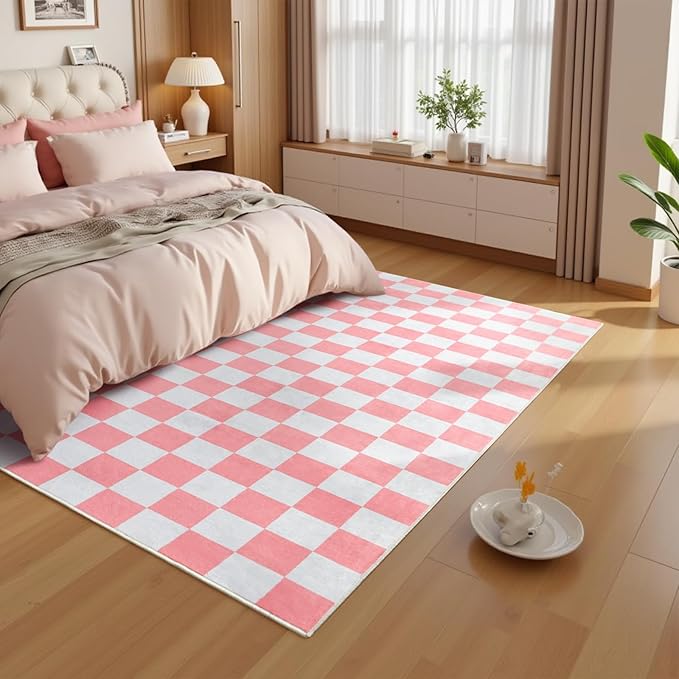 Terrug Pink and White Checkered Rug for Living Room Bedroom, 4x6 Soft Washable Area Rug with Non Slip, Low Pile Stain Resistance Carpet for Kids Room Entryway Kitchen Dorm