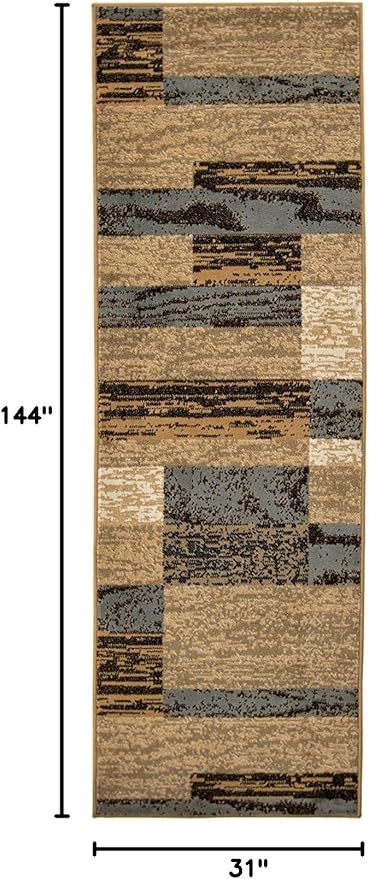 SUPERIOR Indoor Runner Rug, Jute Backed, Modern Geometric Patchwork Floor Decor for Bedroom, Office, Living Room, Entryway, Hardwood Floors, Rockwood Collection, 2' 7" x 12', Light Blue-Beige