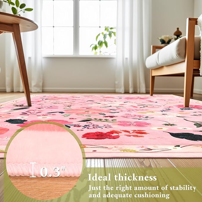 2x3 Pink Floral Rug for Entryway, Flowers Printed Washable Small Rugs with Non Slip Backing for Girls Bedroom Kitchen, Cute Throw Carpet Front Door Entry Decor