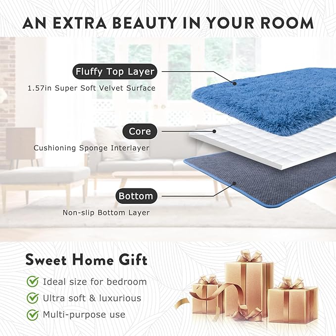 6x9 Fluffy Rugs for Bedroom Boys, Large Indoor Fuzzy Shag Area Rug for Living Room, Soft Shaggy Carpet for Kids Room, Non-Slip Thick Plush Rug for Nursery Dorms, Cobalt Blue