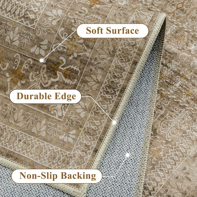 Brown 2x6 Area Rug Runners for Hallways Washable Vintage Distressed Carpet Low Pile Non Slip Indoor Retro Soft Long Accent Rug Bedroom Kitchen Bathroom Laundry Dining Living Room