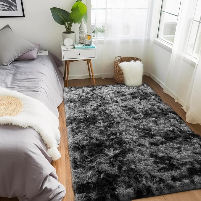 Zentavio Black and Grey Area Rugs for Living Room Men Room Carpet 4x6 Bedroom Fluffy Furry Shag Aesthetic Plush High Pile Floor Rug for Kids Room Dorm Home Decor Gray