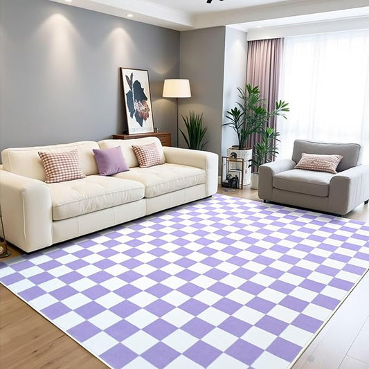 Terrug Purple and White Checkered Rug for Living Room Bedroom, 3x5 Soft Washable Area Rug with Non Slip, Low Pile Stain Resistance Carpet for Kids Room Entryway Kitchen Dorm