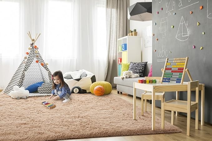 TWINNIS Super Soft Shaggy Rugs Fluffy Carpets 6x9 Feet, Indoor Modern Plush Area Rugs for Living Room Bedroom Kids Room Nursery Home Decor, Upgrade Anti-Skid Rectangular Fuzzy Rug, Light Tan