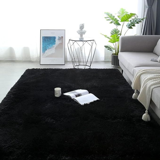Shag Area Rugs for Bedroom Living Room,6X9 Ultra Soft Fluffy Area Rugs for Dorm, Indoor Carpet Nursery Rugs for Kids Girls Room Home Decor, Black