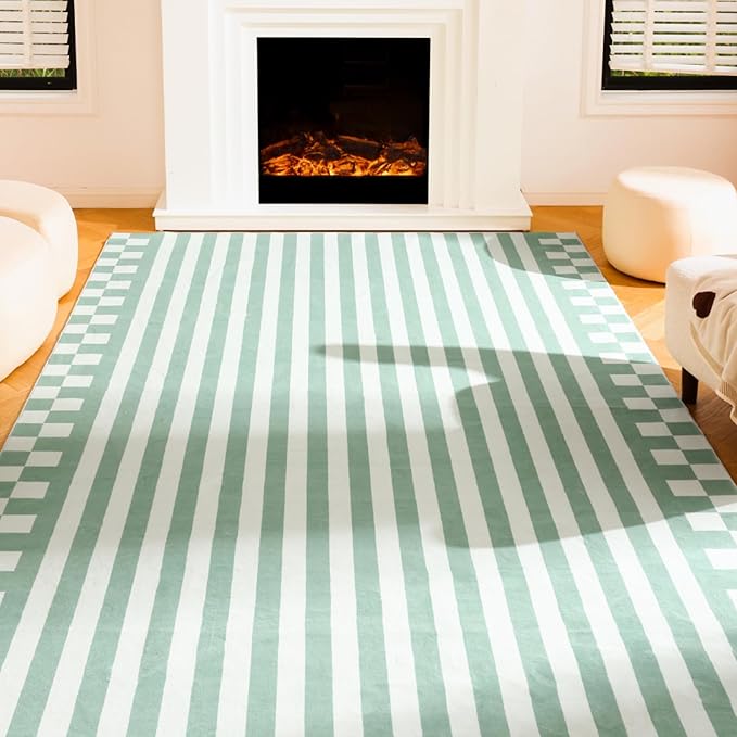 Carvapet Green Rugs for Living Room Bedroom, Striped Low Pile Modern Large Carpet with Rubber Backing, Foldable, Non Slip Machine Washable (9 x 6 Feet Rectangular, Green Area Rug)