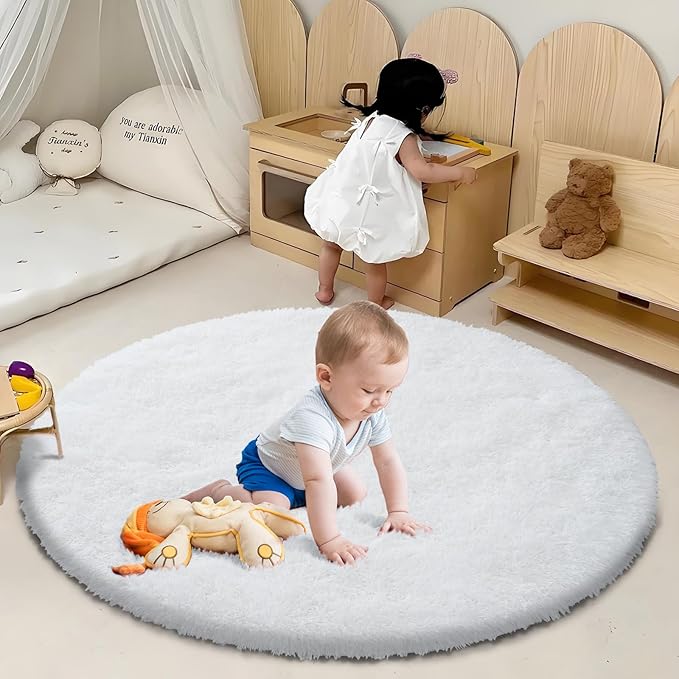 White Fluffy Round Area Rugs for Bedroom,6'X6'Shag Circle Area Rugs for Girls Room,Non Slip Fuzzy Plush Rug for Kids Room Living Room and Dorm Home Decor Rug
