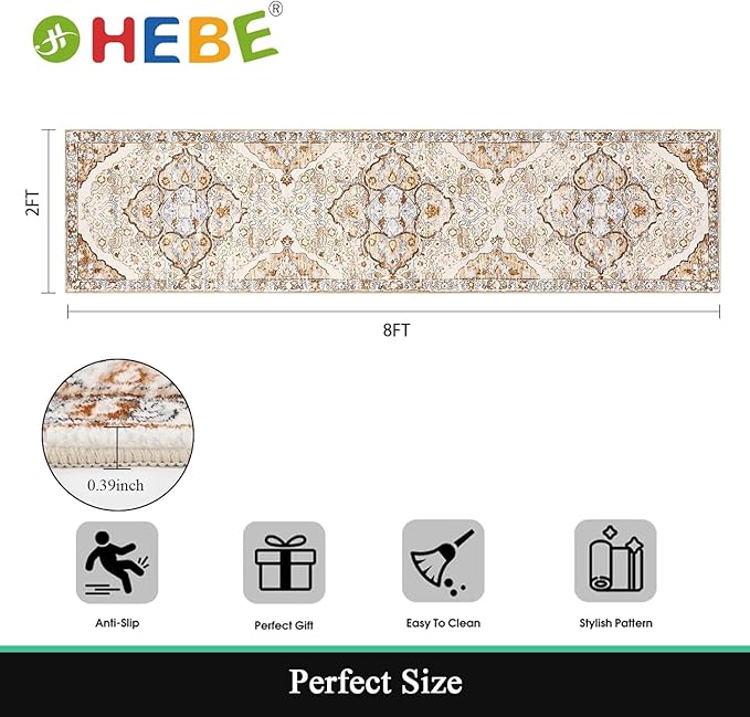 HEBE Hallway Runner Rug 2'x8' Washable Vintage Distressed Area Rugs Non Slip Laundry Rug Runner Boho Floor Carpet Runners for Hallways Entryway Laundry Room Kitchen Bathroom