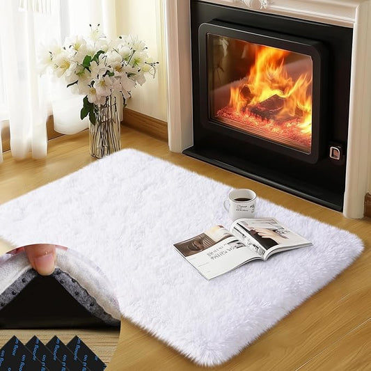 White Rug for Bedroom, 2x3 Fluffy Area Rugs for Living Room, Small Soft Shag Fuzzy Shaggy Carpets for Kids Boys and Girls Dorm with 4 Non-Slip Rug Tapes Room Home Decor (2ft x 3ft, White)