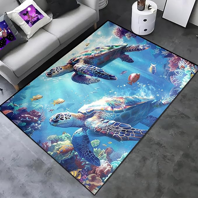 Sea Turtle Coastal Rug - Kids Sea Turtle Rugs for Bedroom Ocean Life Theme, 59" L x 39" W