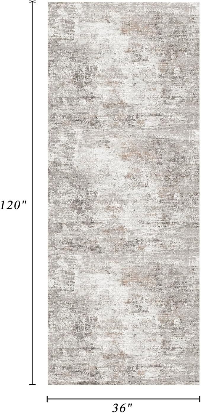 3x10 Ft Long Hallway Runner Rug - Non-Slip Washable Kitchen Runner Rug with Rubber Backing | Modern Abstract Wide Floor Carpet Runner for Indoor Entryway, Bedroom, Living Room, Beige/Grey/Brown