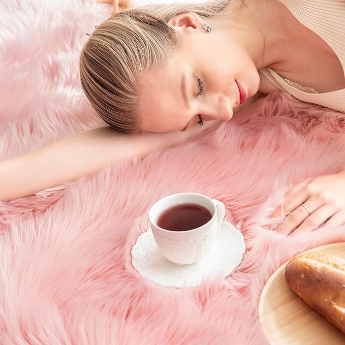 Ashler faux fur rug, Fluffy Shaggy Area Rug Ultra Soft 2 x 6 Feet Sheepskin Fur Rug, Pink Fuzzy Rug Machine Washable Shag Rug, Nursery Decor Throw Rugs for Bedroom, kids room, Living Room