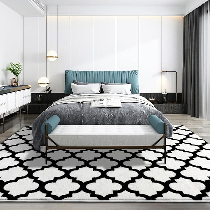 3x5 White and Black Area Rug for Bedroom, Shag Geometric Modern Throw Rugs Living Room Low Pile, Small Memory Foam Soft Carpet for Kids Bedside Dorm Indoor