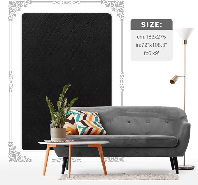 Ultra Soft Black Area Rug for Living Room, 6x9 Modern Geometric Shag Rugs with Nonslip Backing for Bedroom, Washable Fuzzy Carpet for Cozy Kids Room Nursery