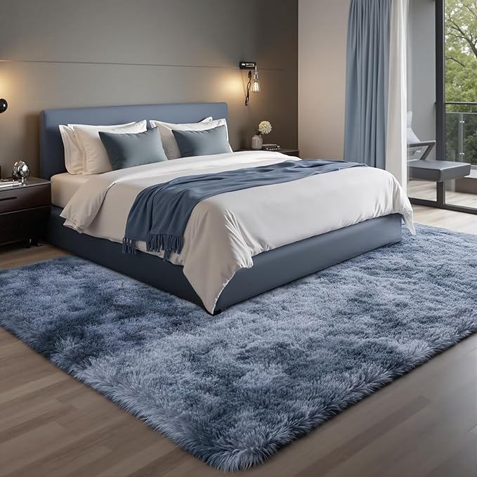 Zentavio Area Rugs for Living Room Large Rugs for Bedroom 6x9 Carpet Fluffy Fuzzy Soft Shag Aesthetic Plush High Pile Gray Throw Rug for Nursery Kids Room Dorm Tie-Dyed Blue Grey