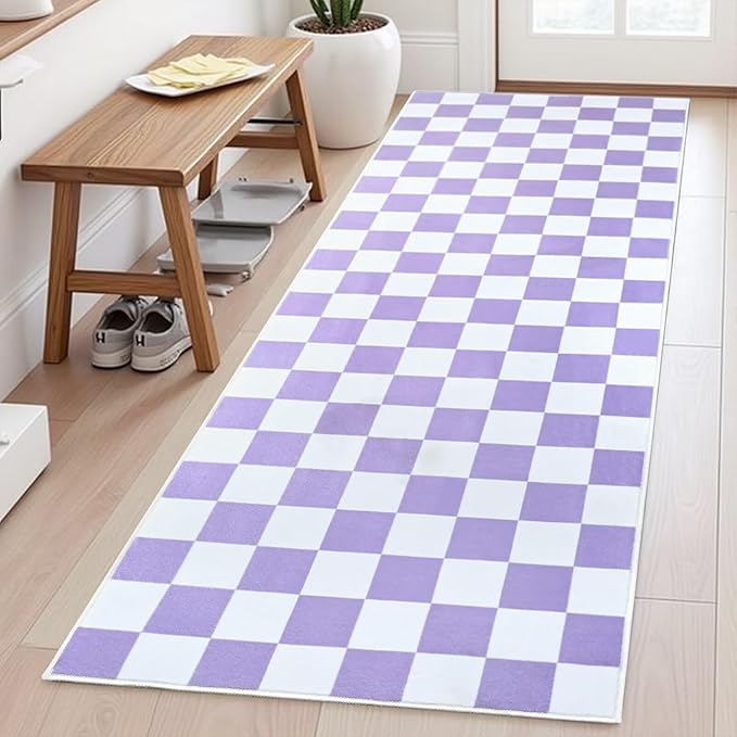 Terrug Purple and White Checkered Runner Rug for Bedroom, 2x6 Soft Washable Rug with Non Slip, Low Pile Stain Resistance Carpet for Entryway Hallway Kitchen Laundry Living Room
