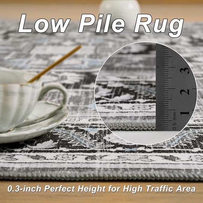 2x3 Black Grey Small Area Rug for Entryway, Soft Washable Rugs with Non-Slip Backing for Bedroom Kitchen, Vintage Throw Carpet Laundry Entry Front Door Decor