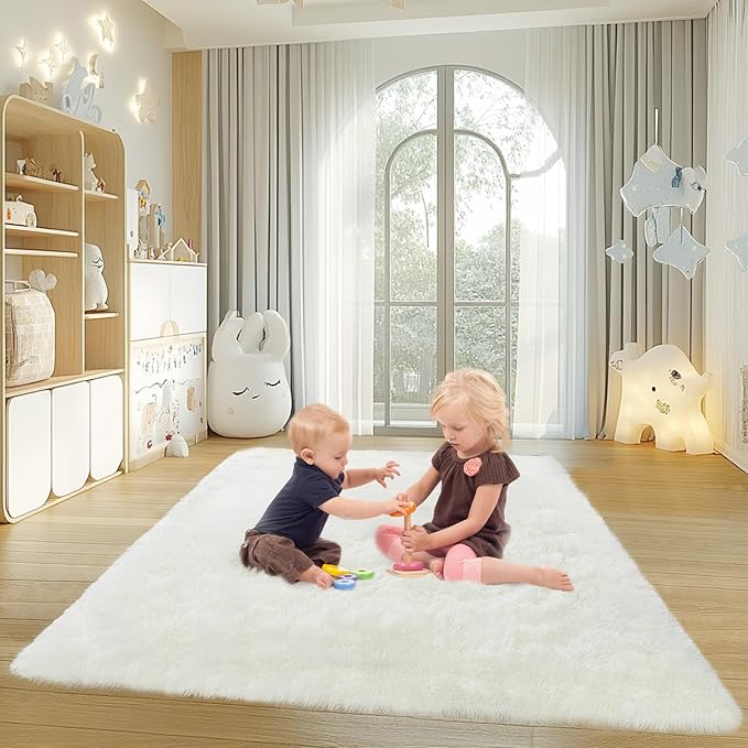 4x6 Rugs for Living Room, Large Fluffy Cream White Area Rugs for Bedroom, Soft Carpet Shag Kids Rug with 4 Non-Slip Rug Pads (4ft x 6ft, Cream White)