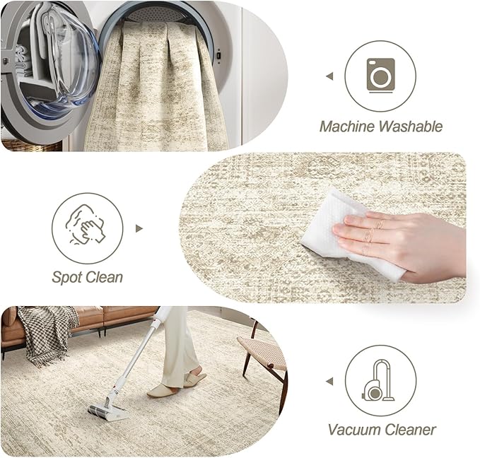 Runner Rug 2'6" x 14' Washable Non-Slip Runner Rugs for Kitchen Bathroom Laundry Room Vintage Ultra Thin Runners for Hallway Entryway Beige