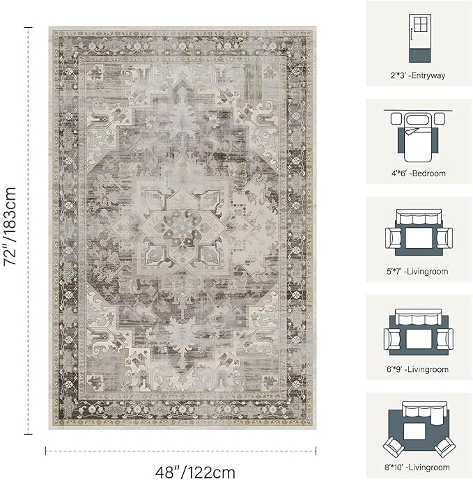 4x6 Washable Area Rug for Living Room, Vintage Boho Rugs for Office, Dining Room, Kids Room, Farmhouse, Durable Low Pile Non Slip Carpet for High Traffic Areas, Brown