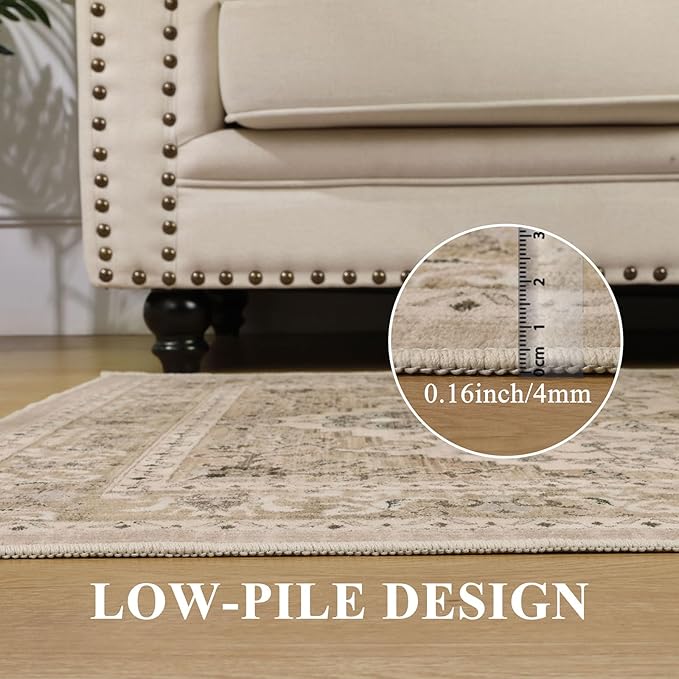 U'Artlines Boho Vintage Area Rug 8x10 Machine Washable Low Pile Soft Floor Carpet Non Slip Non Shedding Accent Rug for Living Room Bedroom Entryway Dining Room Office Beige＆Brown